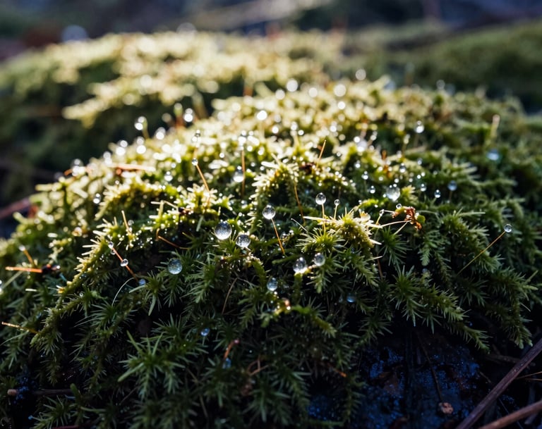 A macro photograph of a North American / US forest floor. Dewdrops on vibrant green moss catch the light, with deep navy shadows and creamy off-white highlights from a morning sunbeam.