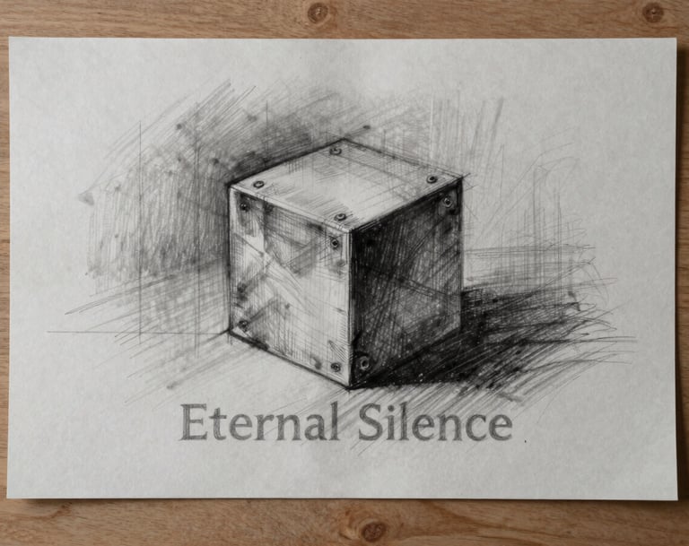 An early conceptual charcoal sketch on rough paper, showing the basic composition of 'Eternal Silence'. The drawing is raw and expressive, captured in a top-down view on a wooden table with tones of #6B705C in the background.
