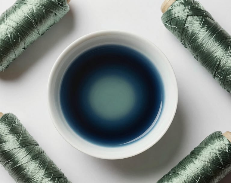 A top-down view of an ivory porcelain bowl containing deep indigo dye and sage green pigments, surrounded by raw silk threads in a bright, minimalist East Asian / South Asian influenced for a global luxury audience workspace.