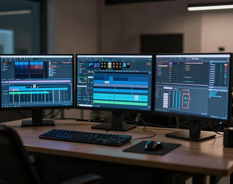 A professional medium shot of a high-tech digital editing suite in a North American studio. Glowing monitors display film timelines in deep blue and charcoal tones, with soft, focused task lighting creating an atmosphere of professional innovation.