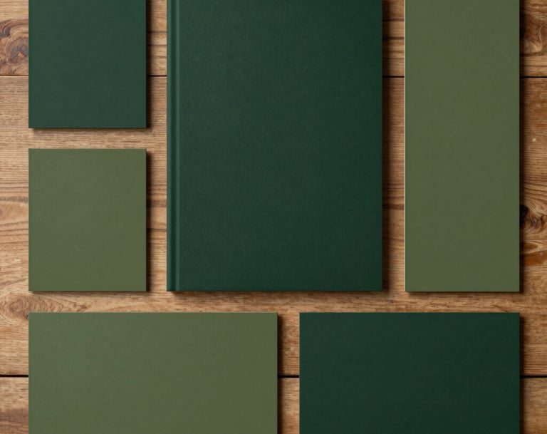 A flat lay of professional branding style guide elements, including dark green and olive green color swatches, neatly arranged on a wooden surface.