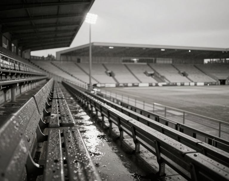 An empty, rain-slicked stadium bench in Amsterdam at dusk, illuminated by a single distant spotlight, creating long shadows and a sense of quiet tension, charcoal and off-white color palette.