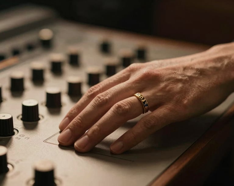 Close-up of P.E.P YLS's hands wearing gold #8D765D rings, resting on a vintage studio console. Warm lighting with #3D2C20 shadows, creating a sophisticated and professional atmosphere.