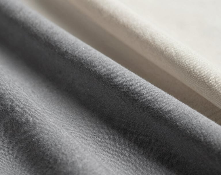 Detailed close-up photography of high-quality fabric texture and materials, highlighting professional craftsmanship, muted medium grey and soft off-white colors, elegant composition.