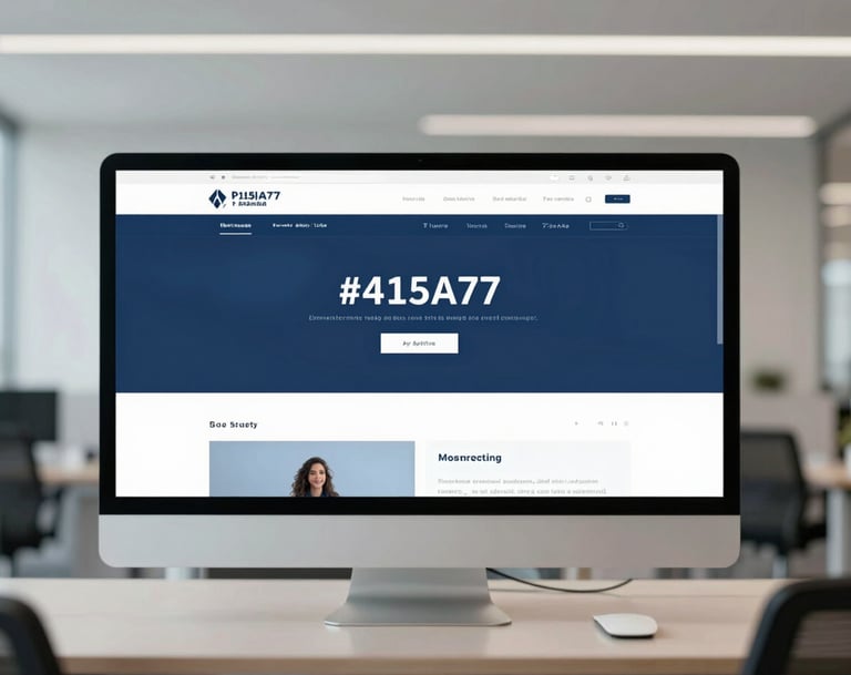 A modern office space with a large digital screen displaying a website interface designed in #415A77 and #778DA9. The style is clean and inviting, reflecting refined professionalism.