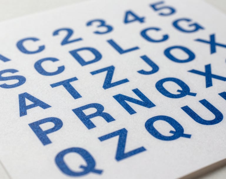 Macro photography of a high-quality art print showing a grid of geometric alphabet characters in cerulean blue. The shot is taken in a brightly lit North American studio with soft shadows and sharp focus on the paper texture.