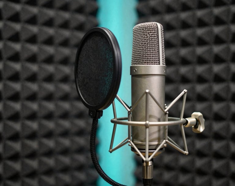 A professional studio microphone with a pop filter, illuminated by a faint electric neon cyan backlight, set against a dark charcoal acoustic foam wall in a South American / Colombian music studio.