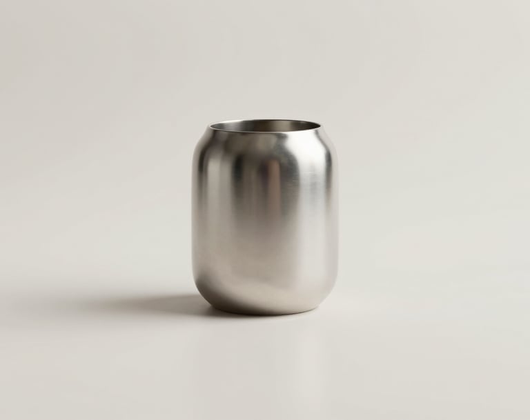 A minimalist arrangement of a single metallic object reflecting soft light. The background is a clean, uniform #F8F5F2. The aesthetic is 'quiet luxury', focusing on material quality and simple forms.