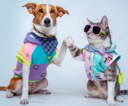 Un perro marrón y blanco y un gato atigrado con ropa colorida para mascotas se dan un choque de pata