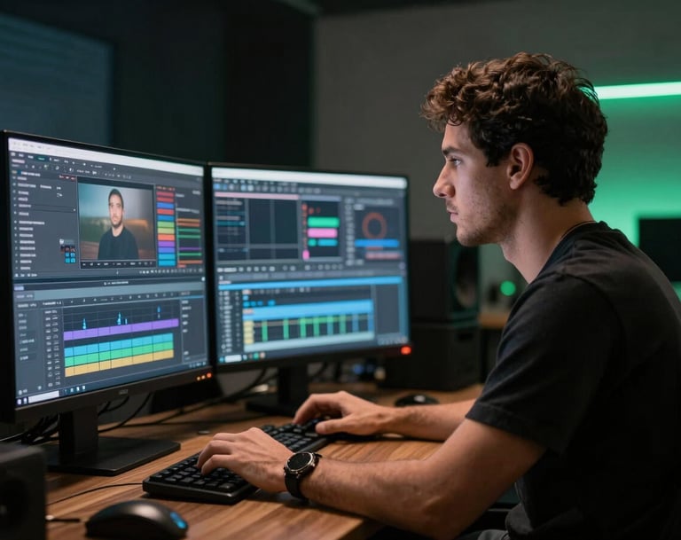Cinematic side profile of a professional editor in a dark studio in São Paulo, focused on a high-resolution screen. The room is illuminated by the soft white light of the monitors and a subtle neon green accent light in the background.