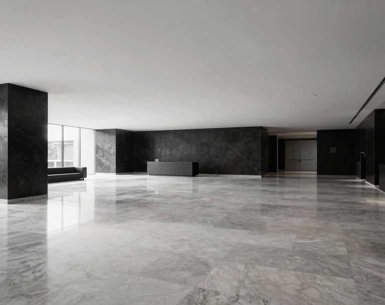A minimalist, monochromatic wide shot of an empty, high-end corporate lobby in Brasília. The flooring is polished stone reflecting pure white and deep charcoal tones. Minimalist furniture creates a sense of space and high craft.