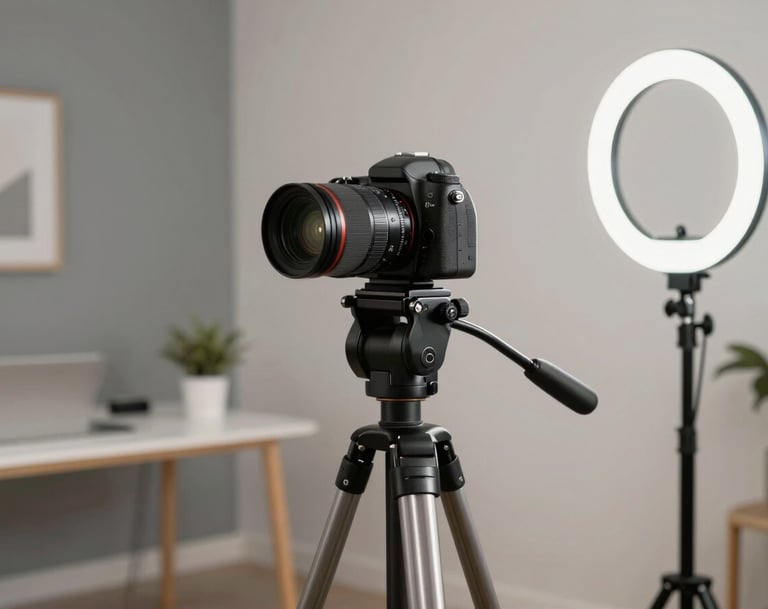 A professional Youtube studio setup with a high-end camera on a tripod, ring light, and a stylish interior in the background. The aesthetic is clean and modern, featuring silver gray and off-white tones, capturing a South American / Brazilian content creator's workspace.
