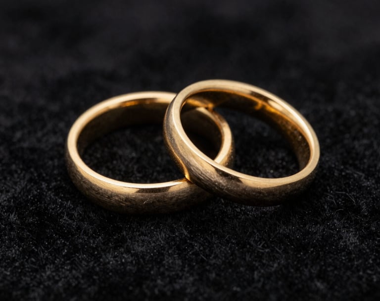 A macro photograph of two gold wedding bands resting on a charcoal black velvet surface. The lighting is focused and dramatic, highlighting the fine texture of the rings.