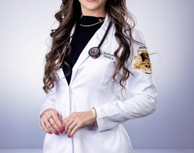 Smiling female physician in a white medical lab coat with a stethoscope around her neck.