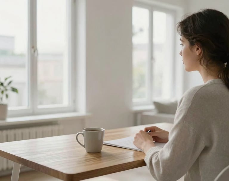 A lifestyle photography scene in a bright, modern apartment with large windows. A person is sitting at a minimalist wooden desk with a coffee mug. International / Professional. Colors: off-white, soft grey, and white.