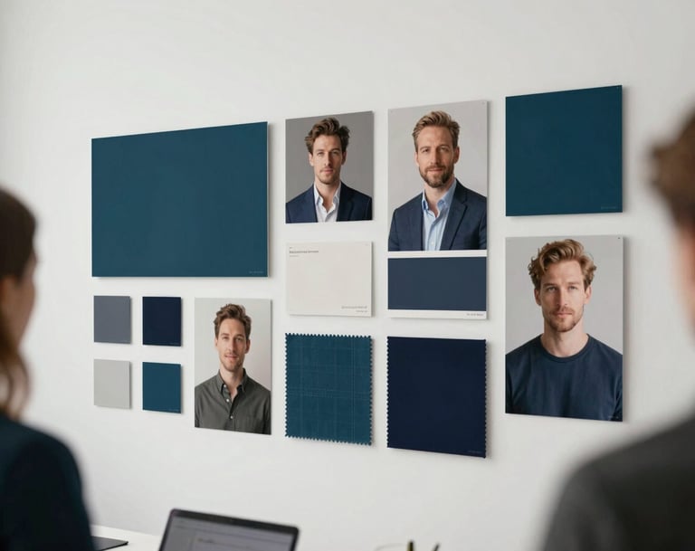 Behind the scenes at Dbocaenbocast agency: a mood board on a wall featuring actors' photos and fabric swatches, colors including #1A5E63 and #0B1E22, clean minimalist Scandinavian office design.