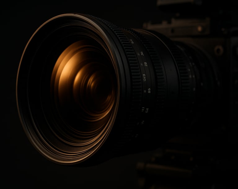A professional close-up photograph of a high-end cinema camera lens reflecting soft gold studio lighting, capturing intricate technical details in a charcoal and black environment, sophisticated atmosphere.