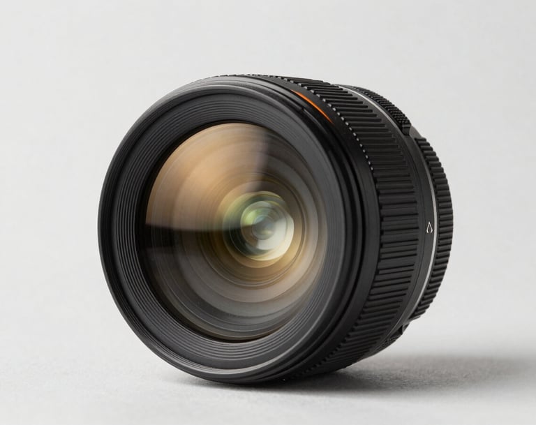 A minimalist, close-up shot of a high-end camera lens capturing reflections of gold and off-white studio lights. The aesthetic is clean, professional, and expensive. Global / Western.