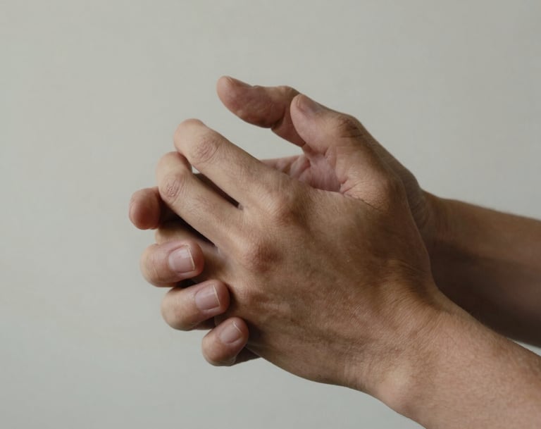 A close-up, artistic shot of a couple's intertwined hands against an off-white mist fabric background. The lighting is gentle, emphasizing the texture and the emotion of the connection. Professional and timeless photography.