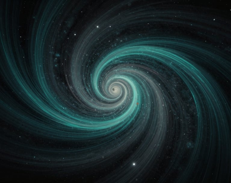 A conceptual cinematic image representing the interaction of bosons with the universe. Swirls of dark charcoal and deep teal light streaks forming a spiral pattern, suggesting energy frequencies in a cosmic void, stylized as an experimental lab visualization.