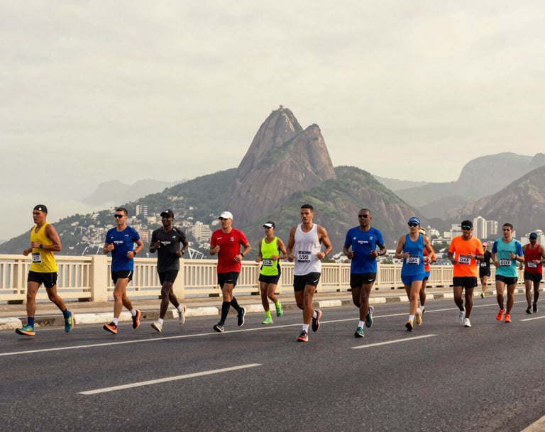 A wide-angle shot of a group of marathon runners crossing a bridge in Rio de Janeiro. The composition shows the scale of the event. The sky is a soft #F2F1ED and the asphalt a dark #403B3B. Vibrant yet elegant mood.