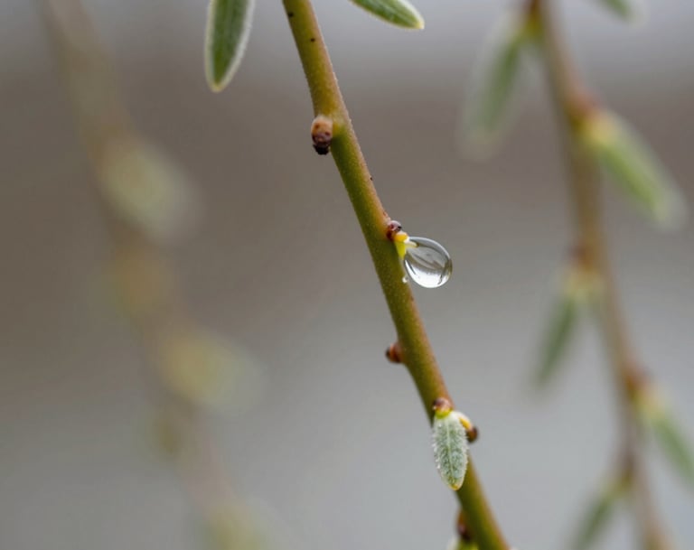 Macro photography of a single dewdrop on a willow branch, emphasizing professional clarity and a palette of #6F5E52 and #A89B90.