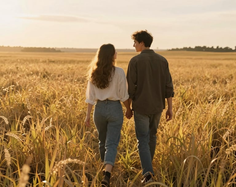 A medium shot of a couple walking through tall yellow grass in a North American field. Cinematic backlight creates a glowing soft sand rim around their figures. Warm sun-drenched environment, inviting and peaceful mood.