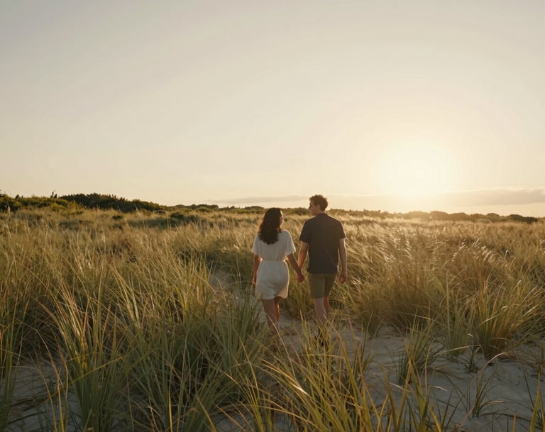 A wide cinematic photography shot of a couple walking through a North American coastal meadow at sunset, Soft Sand colored tall grass, lens flare, authentic and romantic connection, warm natural lighting.
