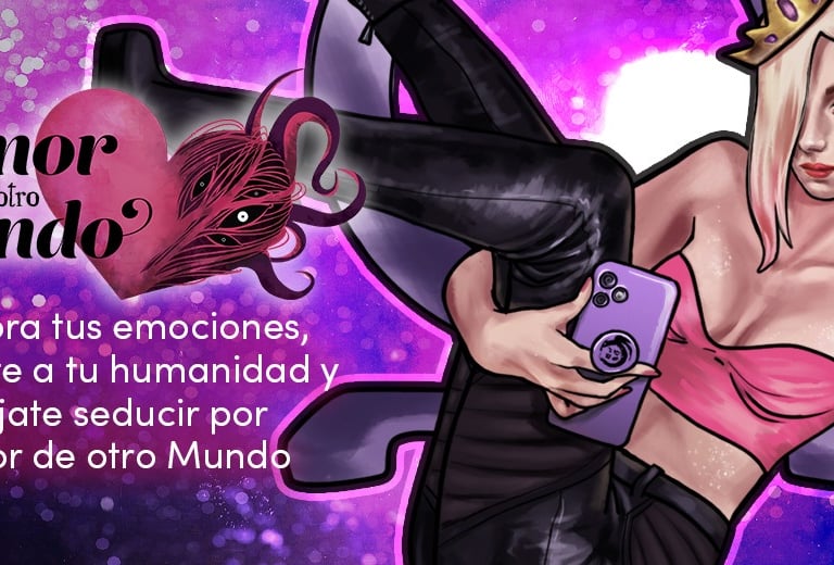 Una mujer joven sentada en una silla. Con el logo editorial de ADOM: un corazón con tentáculos