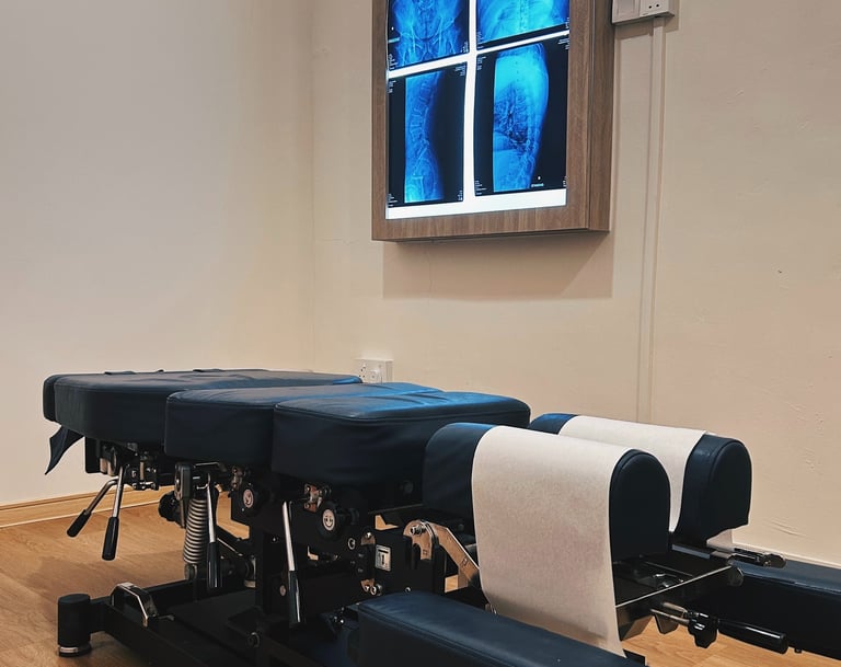 Chiropractic adjustment table at our Cheras clinic for spinal manipulation treatment