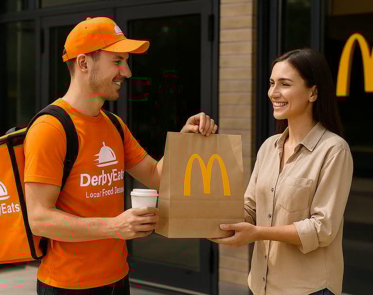 DerbyEats driver picking up an order at a local restaurant.