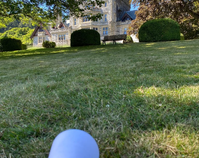 A green lawn with Royal Roads University's Hatley Castle in the background.