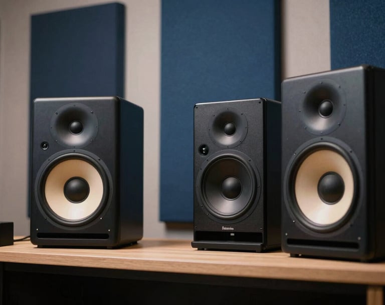 Photography of high-end studio monitors and Steel Blue acoustic panels in a professional recording studio, clean and modern style.