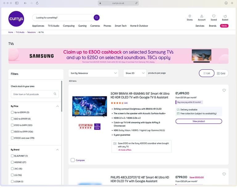 a website page with a picture of a samsung tv