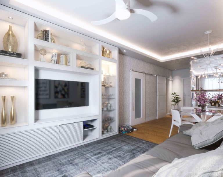 3d render, a living room with a television and a ceiling fan