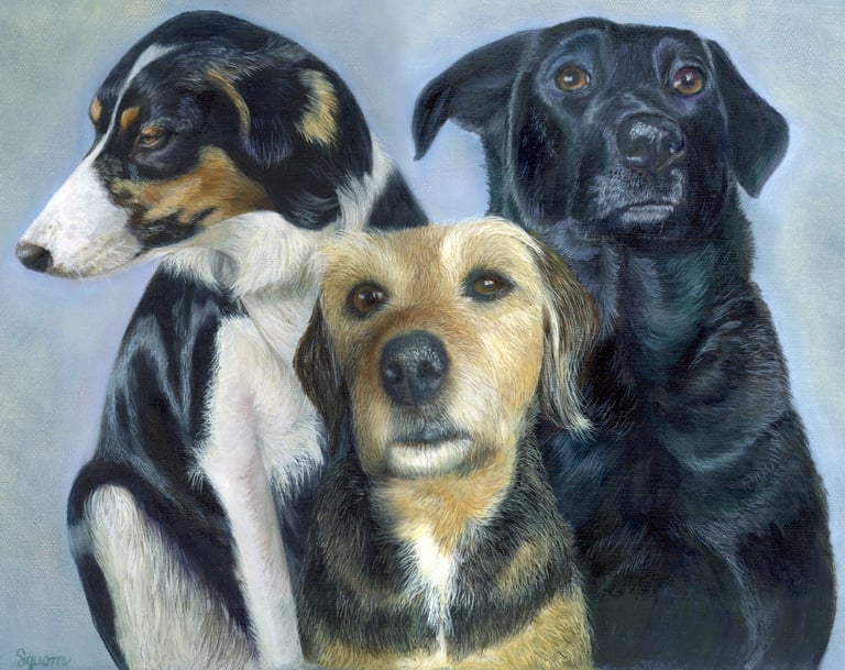 Commissioned oil painting of three dogs 