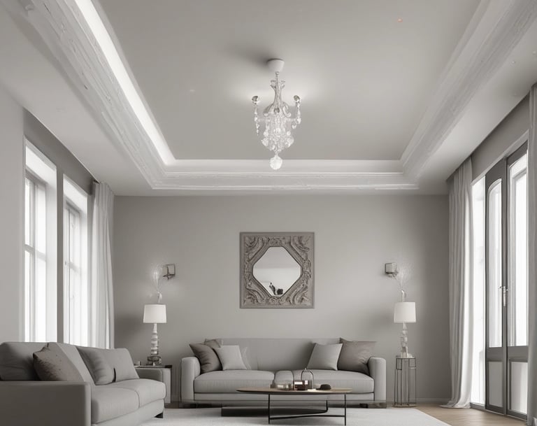 A beautifully decorated interior features a beige wall with intricate geometric tile patterns along the lower half and ornate white engravings around the doorway. There is a decorative wall lamp with an intricate design. In the foreground, lush green plants add a natural touch to the setting.