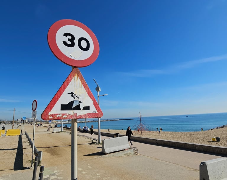 Street art sur panneau de signalisation représentant un skateur sur un dos d'äne à Barcelone