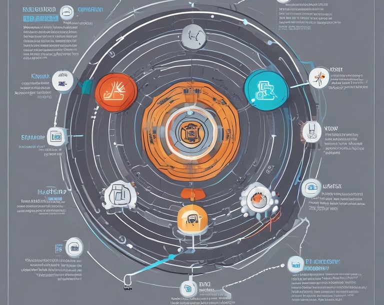 A wall display in a public service area with digital service sections. It features a large image of a smiling woman with glasses in the center, surrounded by digital screens and icons representing different electronic services. There are two orange kiosks with touch screens for self-service on the right side.