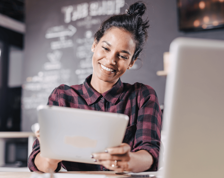 Happy customer discovering their loan options with Cromeloan's Generative AI
