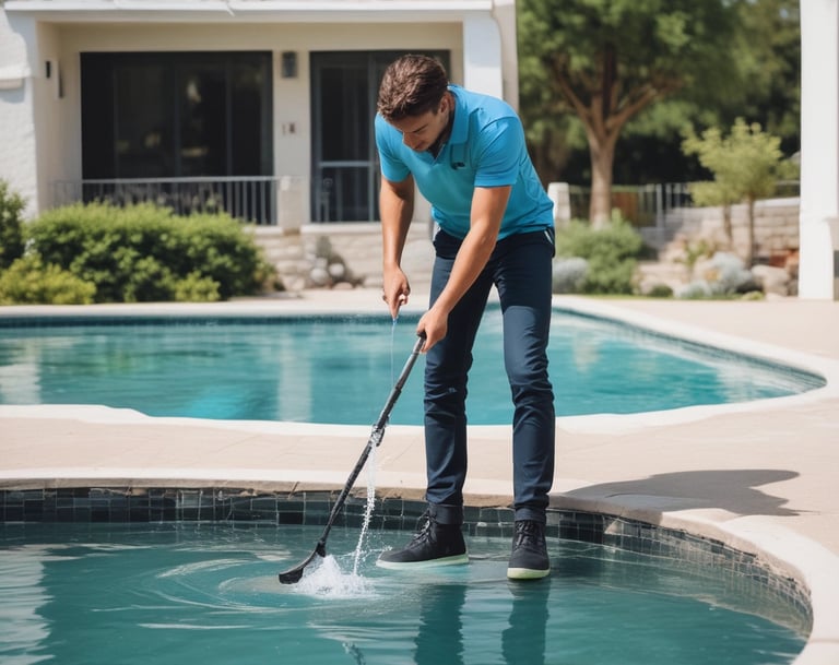 Two people are beside a swimming pool, one of whom is using a cleaning tool with a long handle to clean the pool. The environment includes a diving board, tiled floor, and a red brick wall. A garden area with a tree is visible in the background.