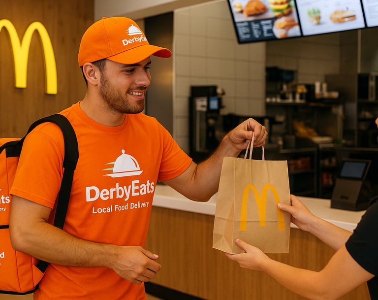 DerbyEats driver picking up food at a restaurant for delivery