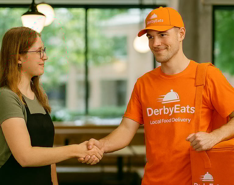 A DerbyEats driver interacting with a restaurant worker