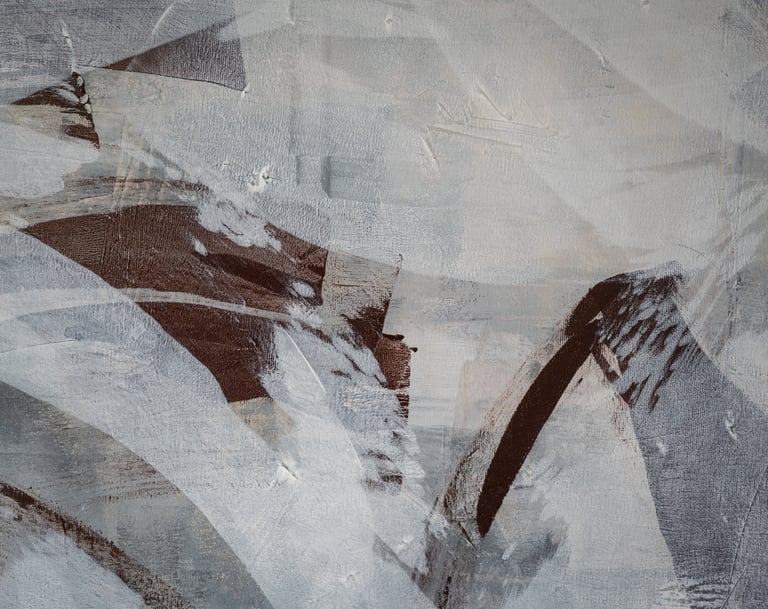 Abstract painting featuring expressive grey, white, and dark brown brushstrokes on a textured canvas background.