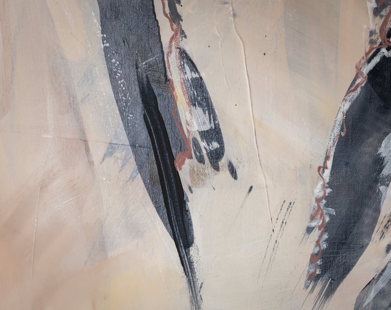 Abstract painting background featuring expressive black, white, and beige brushstrokes on canvas.