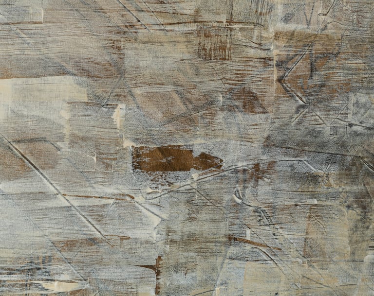 Abstract textured painting with neutral beige, brown, and grey brushstrokes on canvas background.
