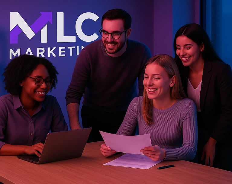 a group of people standing around a table with a laptop
