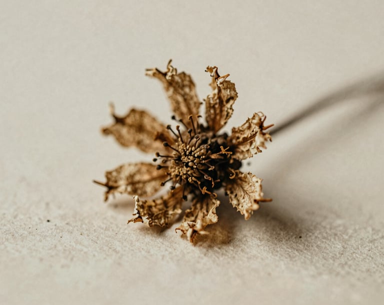 Close-up of a dried wildflower resting on an old, textured paper background (#F8F3EC). Moody, cinematic lighting, heavy grain, minimalist composition with soft charcoal accents (#3E352B).