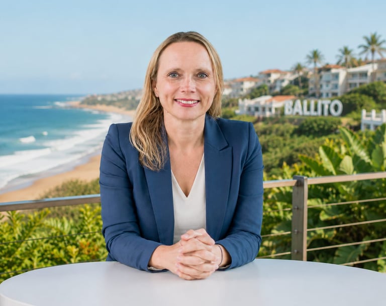 Professional businesswoman in a blue blazer smiling with the Ballito coastline and ocean in the background.