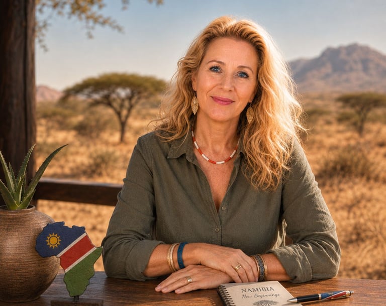 Blonde woman sitting at a wooden table in the Namibian desert with a travel journal and map decor.